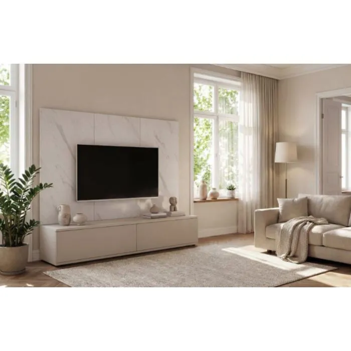 Dnevni regal LUMINA je prefinjenega videza. Regal ima stenski panel z elegantnim videzom belega marmorja. Tv omarica ima dva prostora za shranjevanje. Omarica