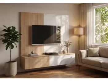 Dnevni regal NERINA je sodobnega videza. Združujeta ga prefinjen dizajn in funkcionalnost. Sestavljen je iz stenskega panela in spodnje omarice. Stenski panel