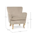 Fotelj CHENILLE bež, konstrukcija iz borovega lesa in vezanih plošč zagotavlja trdnost ter dolgo življenjsko dobo. Elegantne noge iz lesa rubberwood