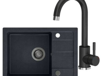 GRANITAL POMIVALNO KORITO QUADRON BEN 116 + KATE ČRN SET Z ARMATURO