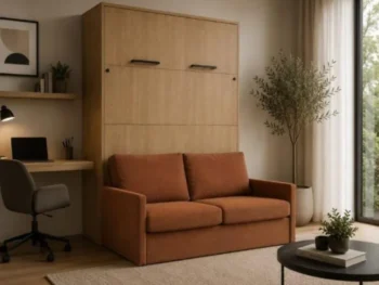Komplet postelja v omari + kavč ROBIDA 140 x 200 svetli hrast, vam omogoča, da kateri koli prostor spremenite v popolno uporabno in estetsko privlačno