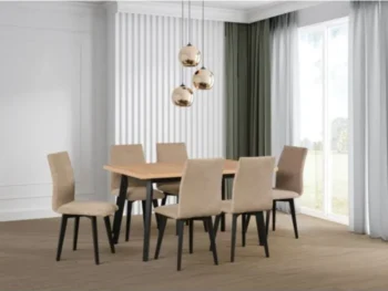 Kuhinjska garnitura LINKA 6 + 1 je elegantna in visokokakovostna. Kuhinjska garnitura je sestavljena iz šestih jedilnih stolov, narejenih iz bukovega lesa ter