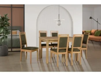 Kuhinjska garnitura RIMINI 6 + 1 je elegantna in visokokakovostna. Kuhinjska garnitura je sestavljena iz šestih jedilnih stolov, narejenih iz bukovega lesa z
