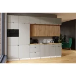 Kuhinjski blok JANINA 320 je elegantnega ter sodobnega dizajna. Fronte zgornjih omaric v artisan barvi so rebrastega dizajna, lamelne fronte. Ostale omarice so