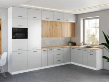 Kuhinjski blok VALENTINA 330x210 je elegantnega ter sodobnega dizajna. Fronte zgornjih omaric v artisan barvi so rebrastega dizajna, lamelne fronte. Odpiranje