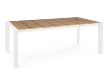 Miza ELIAS 198X100 bela, miza ima stabilno ogrodje iz aluminija, prašno barvanega s poliestrskim premazom, ki zagotavlja odpornost na zunanje vplive. Mizna