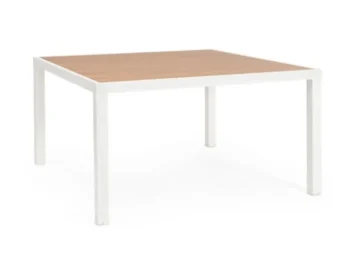 Miza HILIJA 136X136 bela, z aluminijastim ogrodjem in ploščo iz aluminijastih letvic v imitaciji lesa. Prašno barvana konstrukcija zagotavlja odpornost na