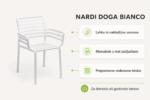 Infografika vrtnega stola Nardi DOGA Bianco z nakladljivo zasnovo, mat zaključkom in vodoravnimi letvicami.