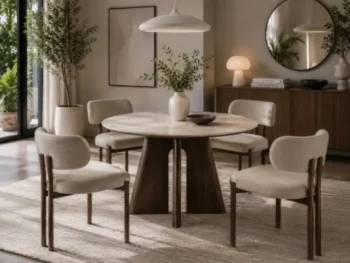 Elegantna okrogla jedilna miza ALZO oreh, združuje sodoben dizajn, prestižne materiale in brezčasno eleganco. Mizna plošča je izdelana iz kakovostnega