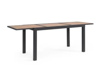 Raztegljiva miza HILIJA 140-210X77 antracit, je aluminijasta, s prašno barvanim ogrodjem in ploščo iz aluminijastih letvic v imitaciji lesa. Opremljena je z