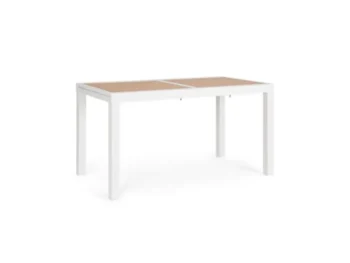 Raztegljiva miza HILIJA 140-210X77 bela, je aluminijasta, s prašno barvanim ogrodjem in ploščo iz aluminijastih letvic v imitaciji lesa. Opremljena je z
