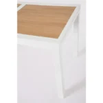 Raztegljiva miza HILIJA 140-210X77 bela, je aluminijasta, s prašno barvanim ogrodjem in ploščo iz aluminijastih letvic v imitaciji lesa. Opremljena je z