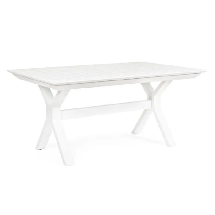 Raztegljiva miza KENYON 180-240X100 bela, izdelana iz prašno barvanega aluminija s poliestrsko zaščito, kar zagotavlja odlično odpornost na zunanje vplive.