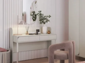 Toaletna miza z ogledalom HARMY je elegantna in priročna. Narejena je iz kakovostne laminirane plošče debeline 16 mm. Ima ABS robove, ki jo ščitijo pred
