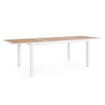 Vrtna miza HILIJA 160-240X90 bela, je aluminijasta, s prašno barvanim ogrodjem in ploščo iz aluminijastih letvic v imitaciji lesa. Opremljena je z