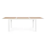 Vrtna miza HILIJA 160-240X90 bela, je aluminijasta, s prašno barvanim ogrodjem in ploščo iz aluminijastih letvic v imitaciji lesa. Opremljena je z