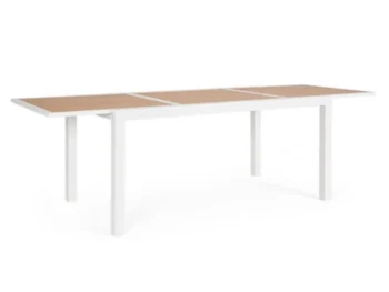 Vrtna miza HILIJA 160-240X90 bela, je aluminijasta, s prašno barvanim ogrodjem in ploščo iz aluminijastih letvic v imitaciji lesa. Opremljena je z
