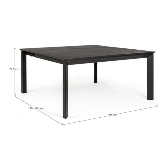 Vrtna miza KONNOR 160X110/160 antracit Vrtna miza KONNOR 160X110/160, v antracit barvi. Se raztegne po širini iz 110 cm na 160 cm. Okvir mize je iz aluminija, ki je prašno barvan. Barva: antracit