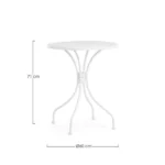 Vrtna mizica LIZETTE D60 bela je narejena iz jekla z mat zaključkom. Material: - Jeklo Barva: - Bela Dimenzije: FI: 60 cm višina: 71 cm Stoli niso vključeni