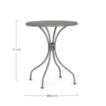 Vrtna mizica LIZETTE D60 temno olivna je narejena iz jekla z mat zaključkom. Material: - Jeklo Barva: - Temno olivna Dimenzije: FI: Ø60 cm višina: 71 cm