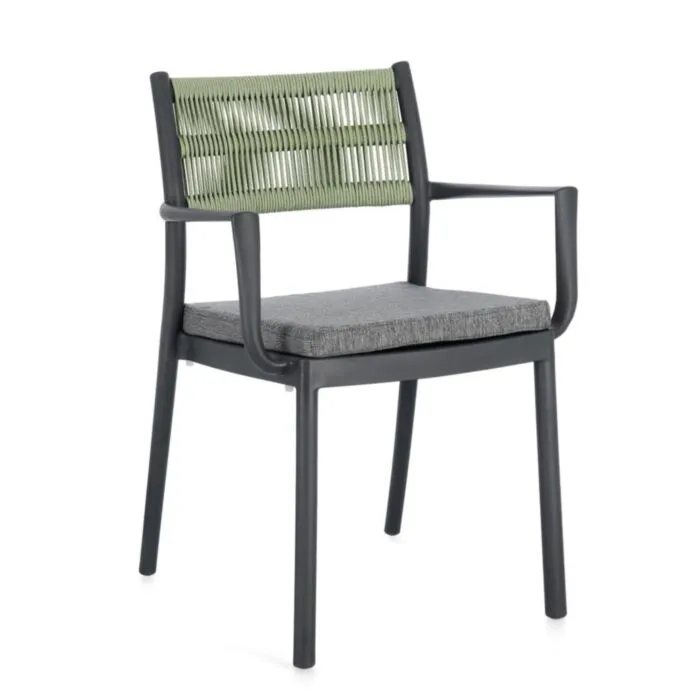 Vrtni stol ALVIN antracit / zelen je izdelan iz polipropilena, odpornega na UV-žarke. Naslonjalo je izdelano iz poliestrske vrvi. Blazina je snemljiva in