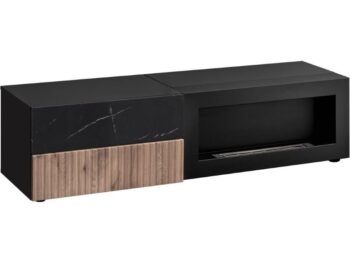 Dnevni regal KANSAS je prefinjenega videza. Regal ima stenski panel z elegantnim videzom, v kombinaciji črnega marmorja ter lamel v hrast barvi. Tv omarica