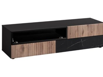 Dnevni regal KANSAS je prefinjenega videza. Regal ima stenski panel z elegantnim videzom, v kombinaciji črnega marmorja ter lamel v hrast barvi. Tv omarica