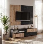 Dnevni regal KANSAS je prefinjenega videza. Regal ima stenski panel z elegantnim videzom, v kombinaciji črnega marmorja ter lamel v hrast barvi. Tv omarica