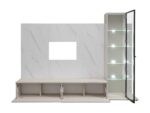 Dnevni regal LUMINA 2 je prefinjenega videza. Regal ima stenski panel z elegantnim videzom belega marmorja. Tv omarica ima dva prostora za shranjevanje.