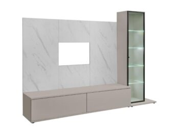 Dnevni regal LUMINA je prefinjenega videza. Regal ima stenski panel z elegantnim videzom belega marmorja. Tv omarica ima dva prostora za shranjevanje. Omarica
