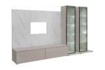 Dnevni regal LUMINA je prefinjenega videza. Regal ima stenski panel z elegantnim videzom belega marmorja. Tv omarica ima dva prostora za shranjevanje. Omarica