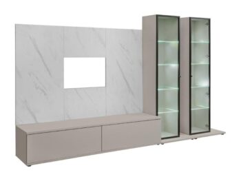 Dnevni regal LUMINA je prefinjenega videza. Regal ima stenski panel z elegantnim videzom belega marmorja. Tv omarica ima dva prostora za shranjevanje. Omarica