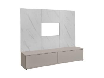 Dnevni regal LUMINA je prefinjenega videza. Regal ima stenski panel z elegantnim videzom belega marmorja. Tv omarica ima dva prostora za shranjevanje. Omarica