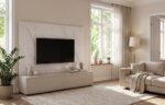 Dnevni regal LUMINA je prefinjenega videza. Regal ima stenski panel z elegantnim videzom belega marmorja. Tv omarica ima dva prostora za shranjevanje. Omarica