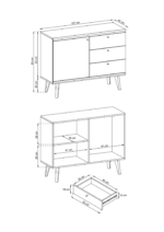 Elegantna dnevna soba s stilom skandinavskega sloga. Dobavljiva je v barvi svetli hrast//bela mat. Hrastove lesene noge, ABS robovi, vrata(ličnice) so MDF.