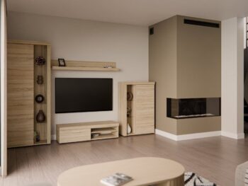 Dnevni regal RUBA 3 je moderno oblikovan in elegantnega videza. Dnevni regal je izdelan v EU. Narejen je iz kakovostne laminirane plošče v sonoma barvi
