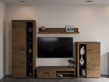 Dnevni regal RUBA 4 je moderno oblikovan in elegantnega videza. Dnevni regal je izdelan v EU. Dimenzije regala so: 270 cm x 190 cm x 42,5 cm Barva: - hrast /
