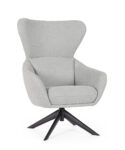 Fotelj HAILEY ima močno črno kovinsko podnožje, katero je vrtljivo 360 stopinj. Oblazinjen je v sivo tkanino. Dimenzije: širina: 75 cm globina: 80 cm