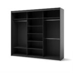 Garderobna omara TERA BLACK 250 z led osvetlitvijo je zasnovana za optimalno organizacijo shranjenih predmetov. Zaradi svojih dimenzij omara ponuja prostorno