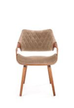Jedilni stol K396 je dobavljiv v barvi oreha in v svetli rjavi tkanini. Noge stola so iz masivnega lesa. Dimenzija: - Š:56/G:55/V:77 cm, Material: - blago -