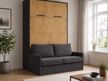 Komplet postelja v omari + kavč ROBIDA 160 x 200 črna / hrast, vam omogoča, da kateri koli prostor spremenite v popolno uporabno in estetsko privlačno