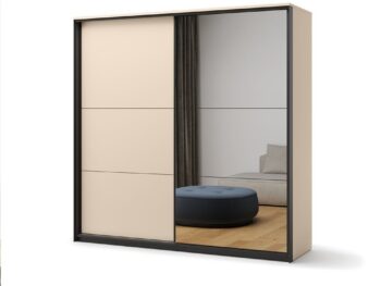 Kompletna spalnica EVAS je sestavljena iz kar petih kosov pohištva: garderobna omara, 2x nočna omarica, postelja 160 x 200 ter komode v beige krem barvi.