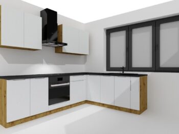 Kuhinjski blok BINKA 200 x 260 cm je dobavljiv v beli barvi. Korpusi so narejeni iz laminirane plošče debeline 16 mm. Laminirane plošče so najpogosteje