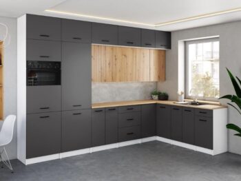 Kuhinjski blok VALENTINA 330x210 je elegantnega ter sodobnega dizajna. Fronte zgornjih omaric v artisan barvi so rebrastega dizajna, lamelne fronte. Odpiranje