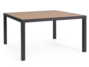 Miza HILIJA 136X136 antracit, je aluminijasta s prašno barvanim ogrodjem in ploščo iz aluminijastih letvic v videzu lesa. Je odporna na zunanje vplive.