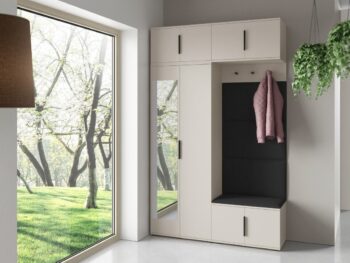 Predsoba BLANKA 1 je kakovostna in elegantna. Predsoba vključuje: 1x garderobna omara z zgornjim podaljškom z ogledalom, 1x klop za predsobo, 1x stenska