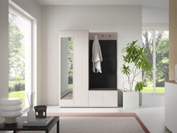 Predsoba BLANKA 3 je kakovostna in elegantna. Predsoba vključuje: Visoko omaro z ogledalom, 1x klop, 1x obešalnik ter 4x panele dimenzije 70 x 40 cm +