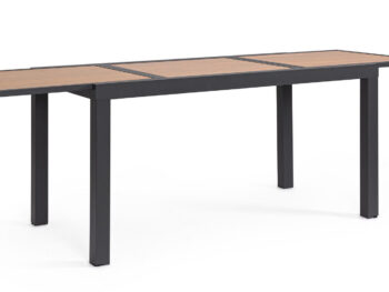 Raztegljiva miza HILIJA 140-210X77 antracit, je aluminijasta, s prašno barvanim ogrodjem in ploščo iz aluminijastih letvic v imitaciji lesa. Opremljena je z