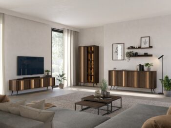 Visoka vitrina AMINA v odtenku dunin hrast prinaša popolno ravnovesje med toplino naravnega lesa in modernim dizajnom. Korpus je izdelan iz kakovostne