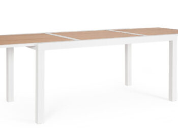 Vrtna miza HILIJA 160-240X90 bela, je aluminijasta, s prašno barvanim ogrodjem in ploščo iz aluminijastih letvic v imitaciji lesa. Opremljena je z